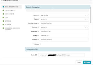 Create New Function form for creating new AWS Lambda Function
